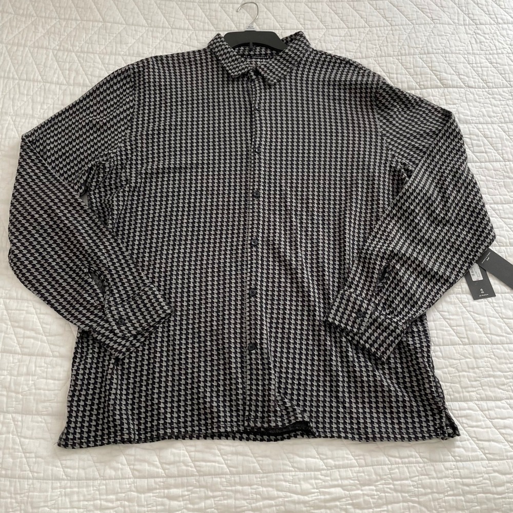 Shaquille O'Neal XLG Mens XLT Grey Houndstooth Knit Button Down Shirt Big & Tall